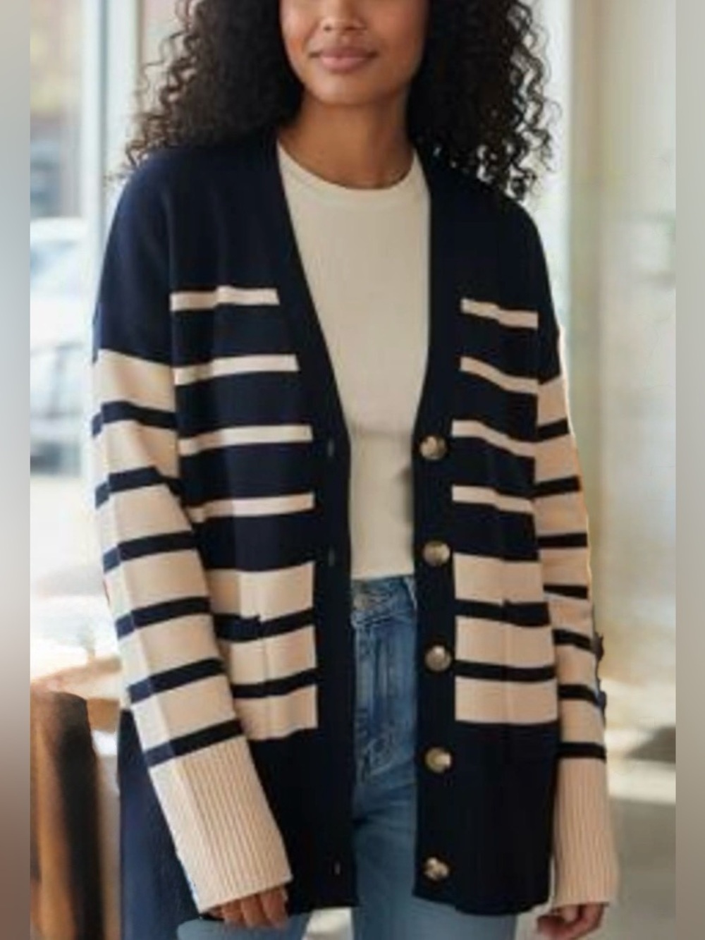 LOFT Navy and Cream Striped Button-Front Cardigan